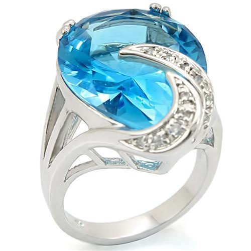 0W343 - Rhodium Brass Ring With Synthetic Synthetic Glass In Sea Blue - 5