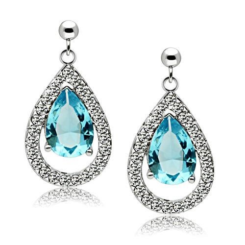 Rhodium Brass Earrings With Synthetic Synthetic Glass In Sea Blue - Pcs