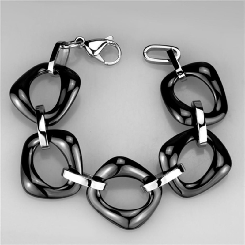 3W1013 - High Polished (No Plating) Stainless Steel Bracelet With Ceramic In Jet - 8"
