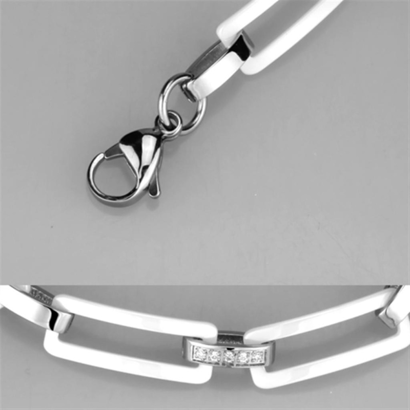 3W1016 - High Polished (No Plating) Stainless Steel Bracelet With Ceramic In White - 8"