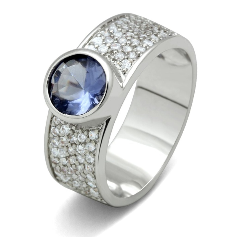 3W146 - Rhodium Brass Ring With Synthetic Synthetic Glass In Light Sapphire