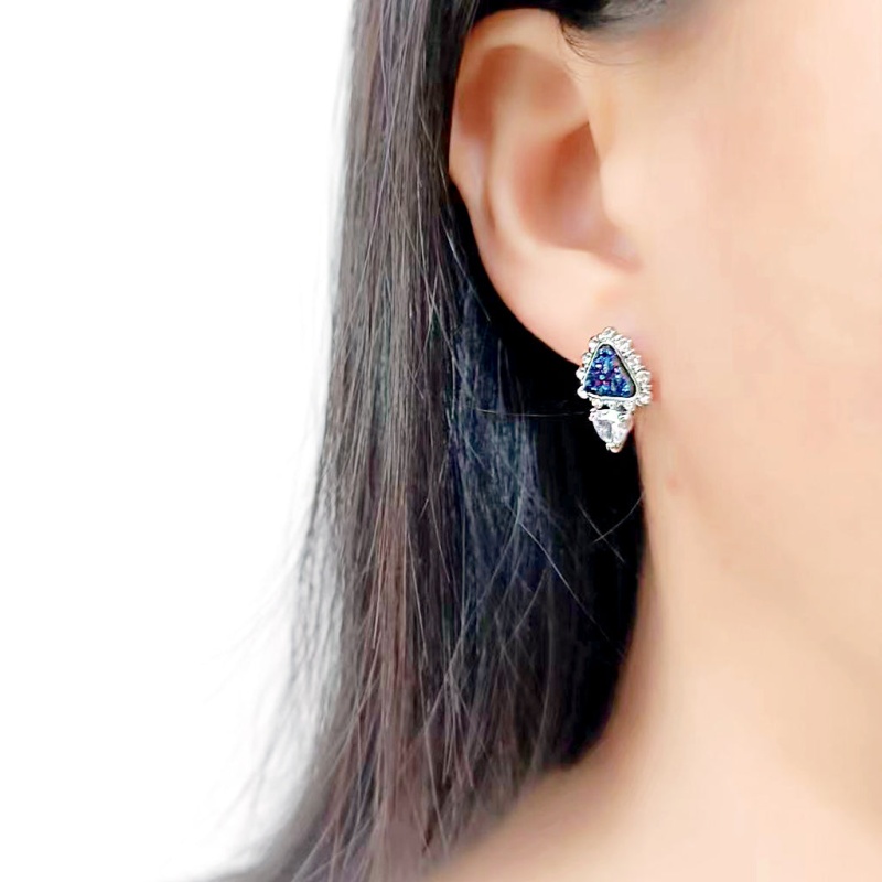 Imitation Rhodium+E-Coating Brass Earring With Druzy In Capri Blue