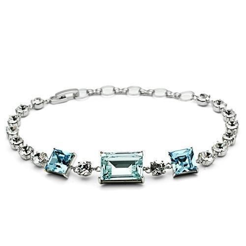3W176 - Rhodium Brass Bracelet With Top Grade Crystal In Sea Blue - 7"