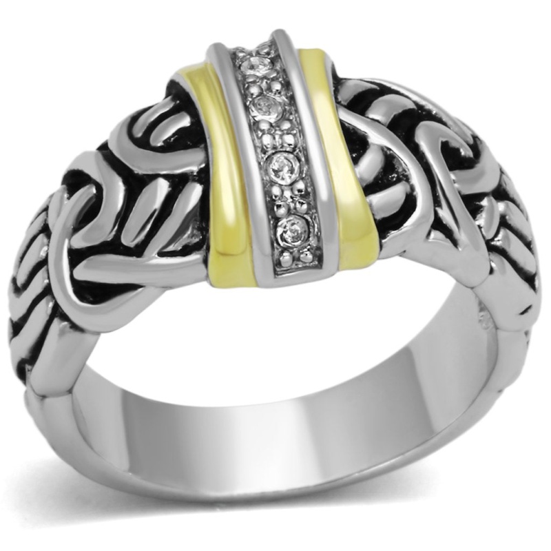 3W327 - Reverse Two-Tone Brass Ring With Top Grade Crystal In Clear