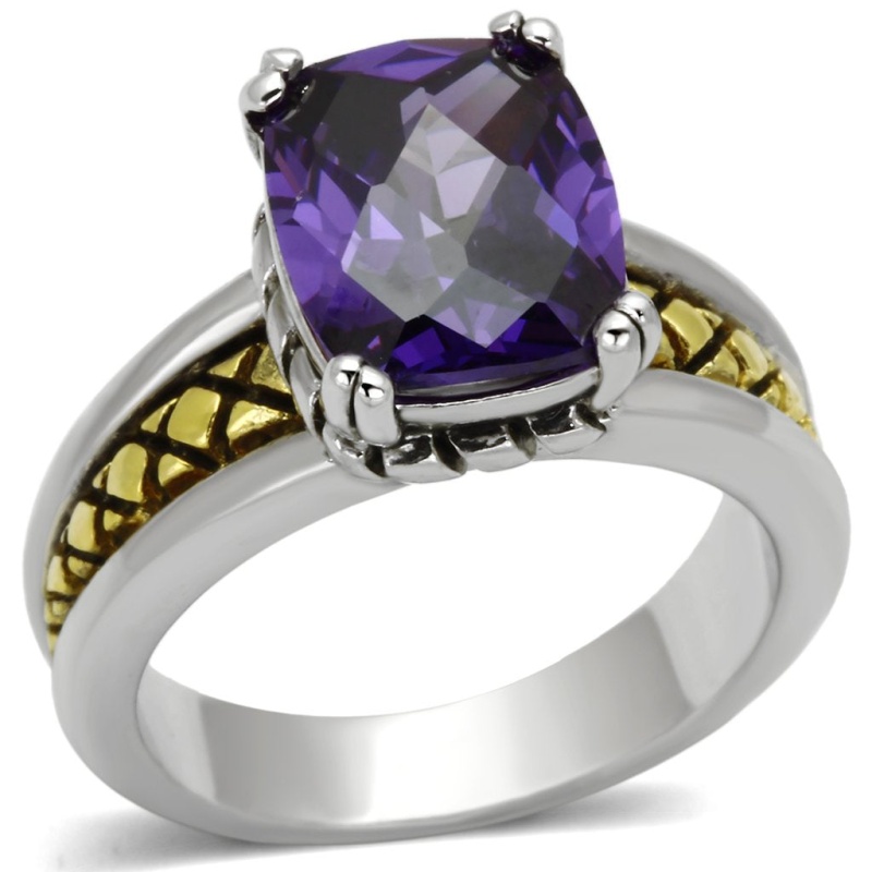3W331 - Reverse Two-Tone Brass Ring With Aaa Grade Cz In Amethyst