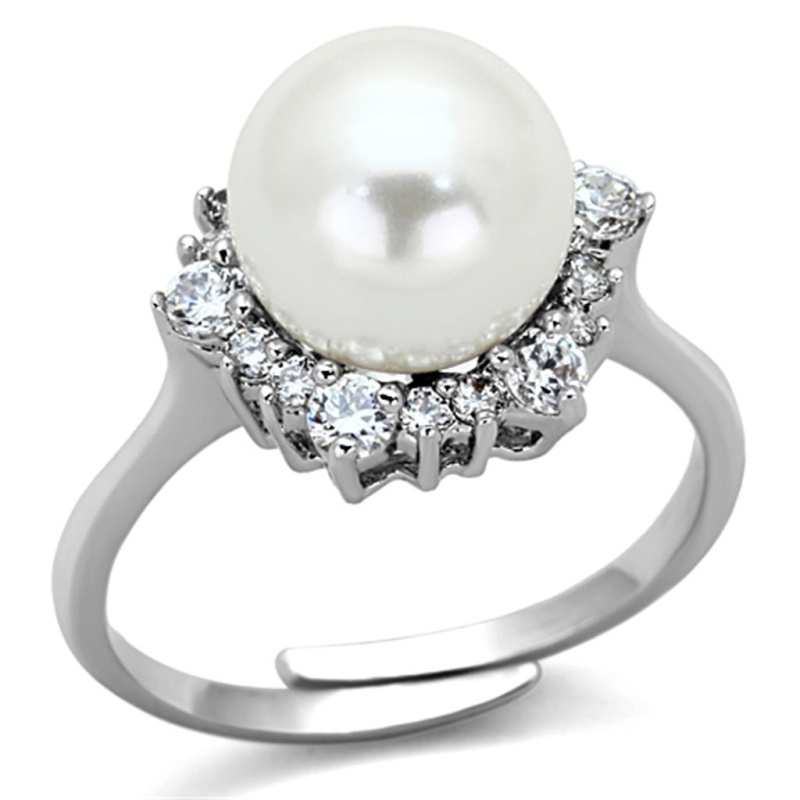 3W477 - Rhodium Brass Ring With Synthetic Pearl In White