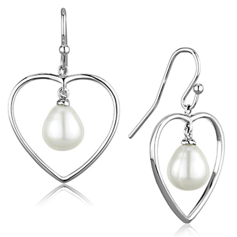 Rhodium Brass Earrings With Semi-Precious Pearl In White