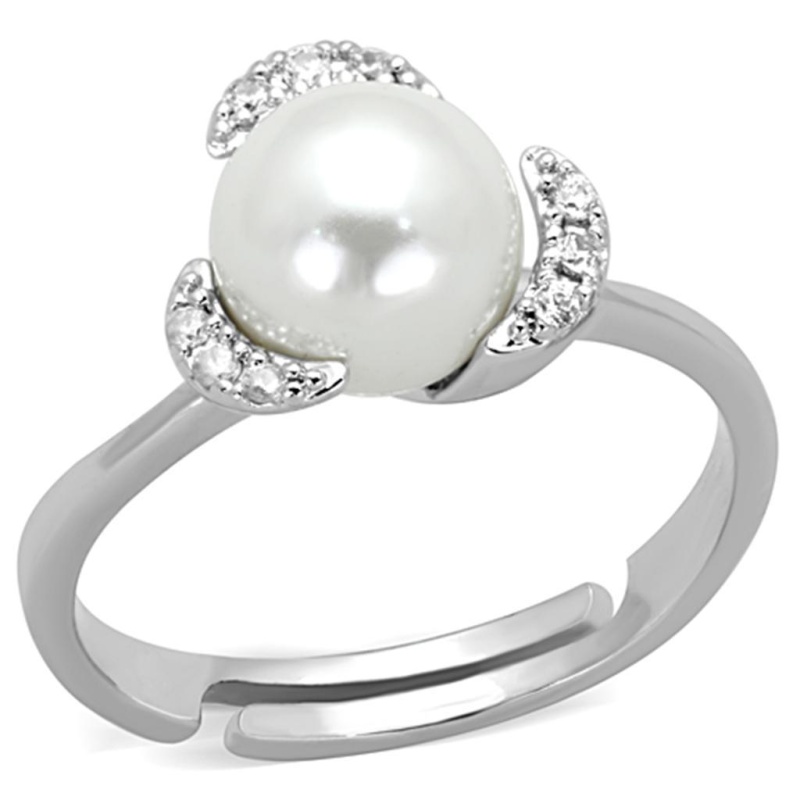 3W722 - Rhodium Brass Ring With Synthetic Pearl In White