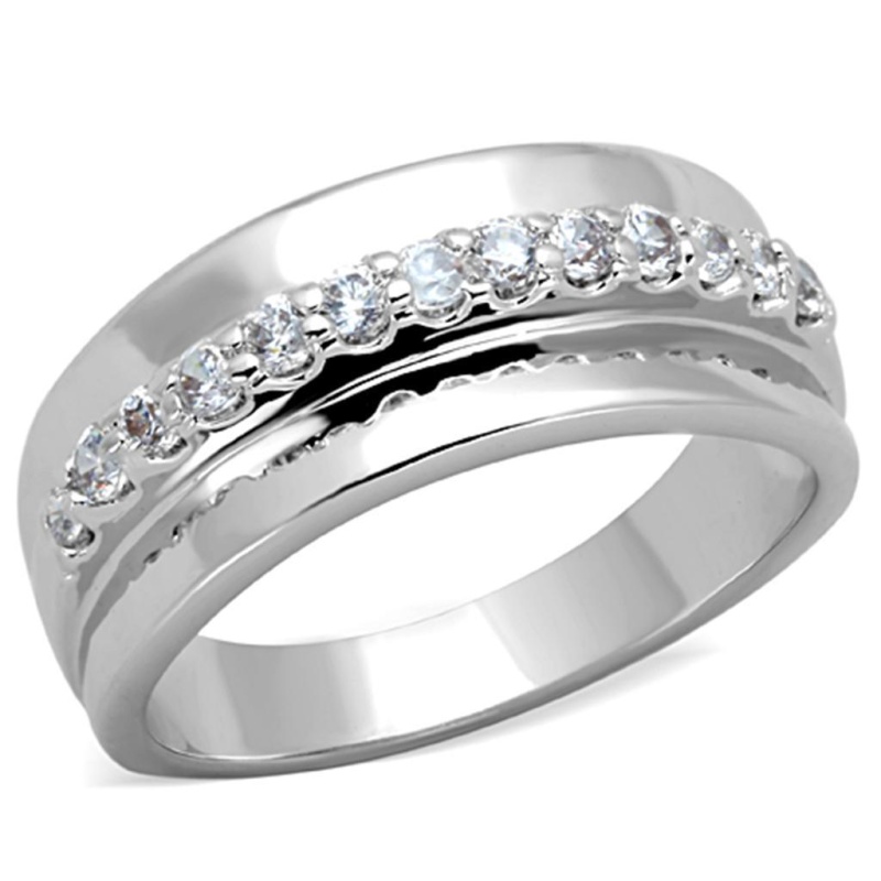 Alamode Rhodium Brass Ring with Clear AAA Grade CZ