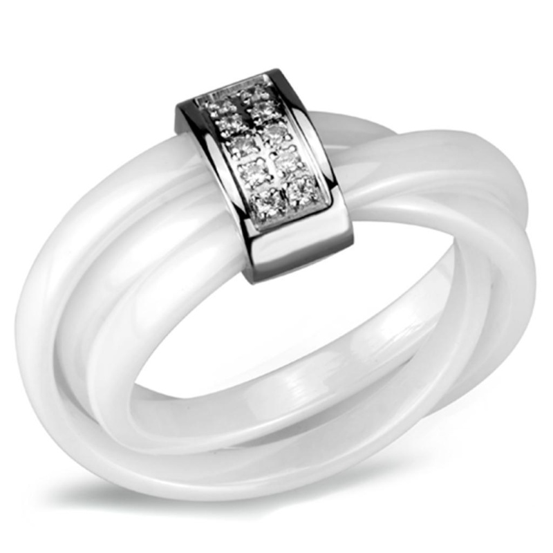3W951 - High Polished (No Plating) Stainless Steel Ring With Ceramic In White