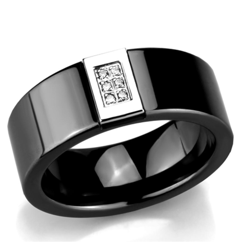 3W953 - High Polished (No Plating) Stainless Steel Ring With Ceramic In Jet