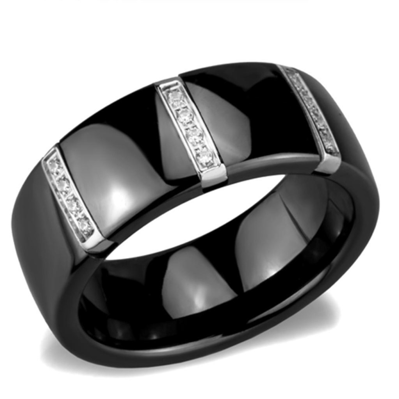 3W956 - High Polished (No Plating) Stainless Steel Ring With Ceramic In Jet