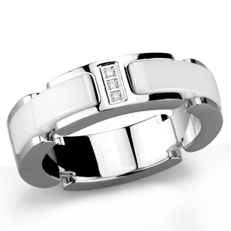 3W967 - High Polished (No Plating) Stainless Steel Ring With Ceramic In White