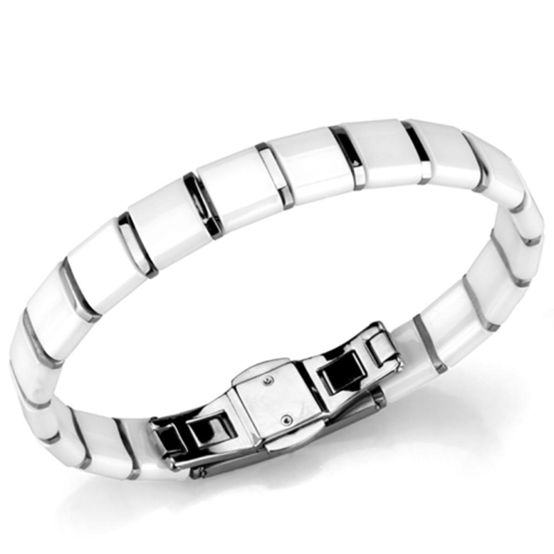 3W985 - High Polished (No Plating) Stainless Steel Bracelet With Ceramic In White - 8.5"