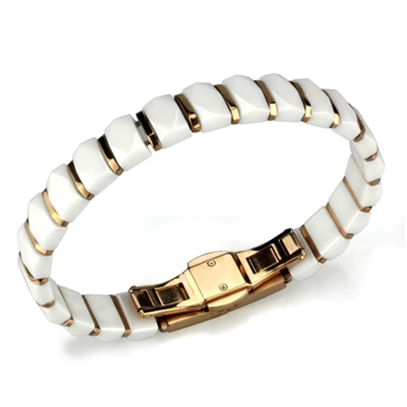 3W993 - Ip Rose Gold(Ion Plating) Stainless Steel Bracelet With Ceramic In White - 8.25"