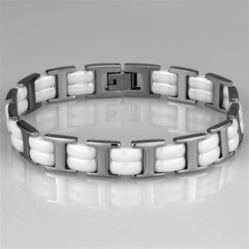 3W997 - High Polished (No Plating) Stainless Steel Bracelet With Ceramic In White - 8.25"