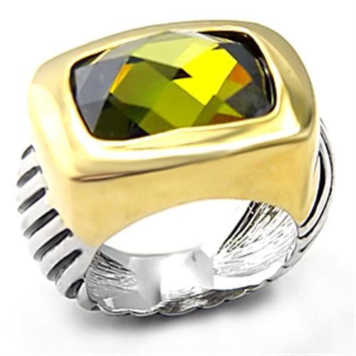 7X127 - Reverse Two-Tone Brass Ring With Aaa Grade Cz In Olivine Color