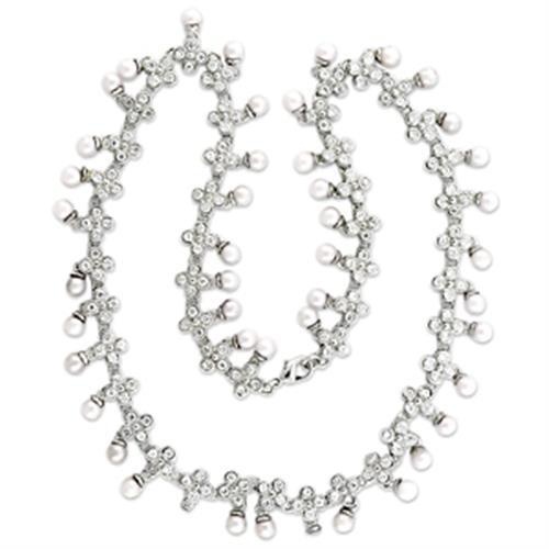 7X405 - Rhodium Brass Necklace With Synthetic Pearl In White - 16"