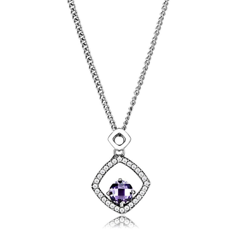 Da229 - High Polished (No Plating) Stainless Steel Chain Pendant With Aaa Grade Cz In Amethyst - 16"