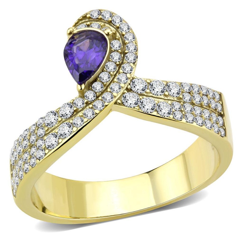Da304 - Ip Gold(Ion Plating) Stainless Steel Ring With Aaa Grade Cz In Tanzanite