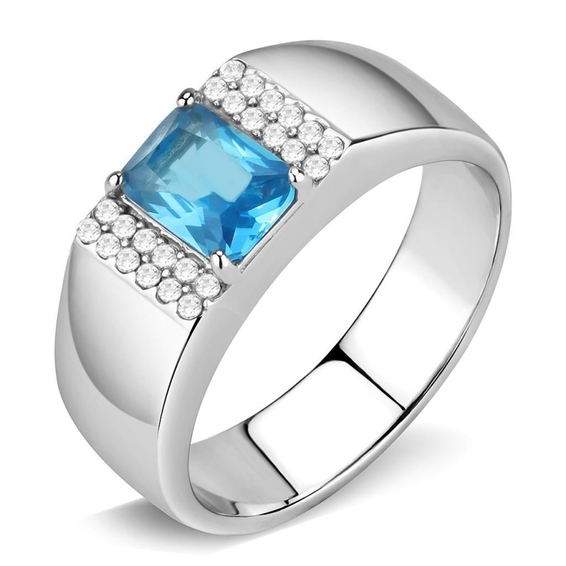 Da344 - No Plating Stainless Steel Ring With Synthetic Synthetic Glass In Sea Blue