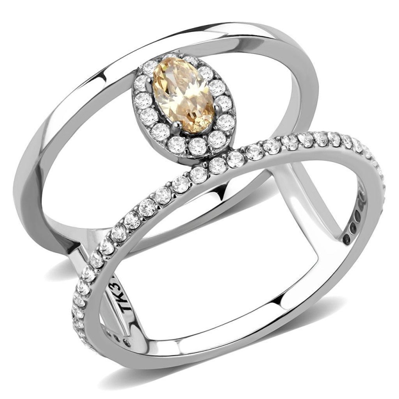 Da352 - High Polished (No Plating) Stainless Steel Ring With Aaa Grade Cz In Champagne