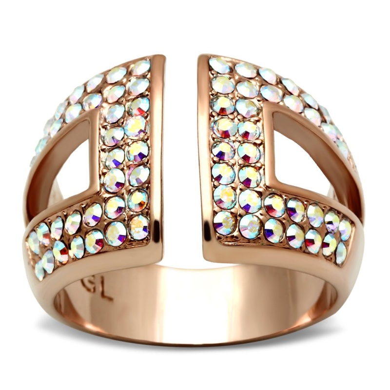 Gl222 - Ip Rose Gold(Ion Plating) Brass Ring With Top Grade Crystal In Aurora Borealis (Rainbow Effect)