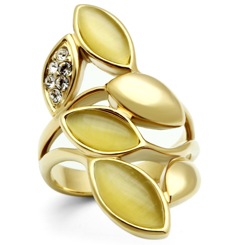 Gl302 - Ip Gold(Ion Plating) Brass Ring With Synthetic Cat Eye In Citrine Yellow