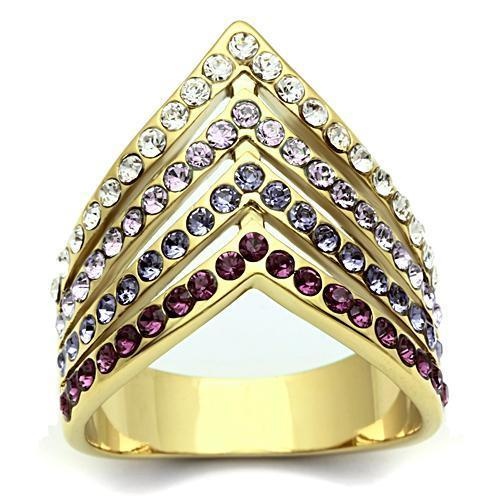 Gl305 - Ip Gold(Ion Plating) Brass Ring With Top Grade Crystal In Multi Color