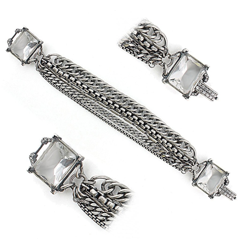 Lo1276 - Antique Silver Brass Bracelet With Synthetic Synthetic Glass In Clear - 7.5"