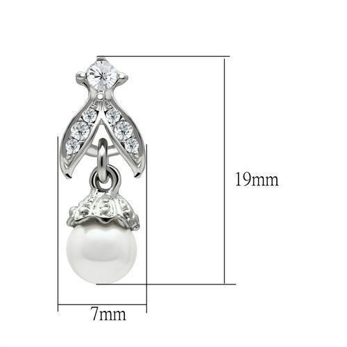 Rhodium White Metal Earrings With Synthetic Pearl In White