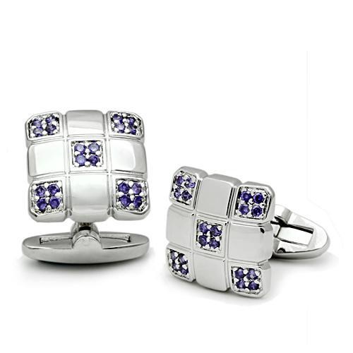 Rhodium Brass Cufflink With Aaa Grade Cz In Amethyst