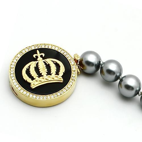 Lo2649 - Gold Brass Bracelet With Semi-Precious Onyx In Jet - 8"