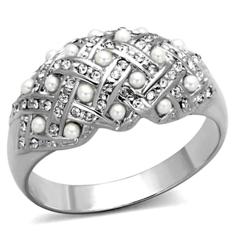 Lo3183 - Rhodium Brass Ring With Synthetic Pearl In White - 15