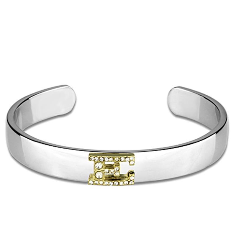 Lo3615 - Reverse Two-Tone White Metal Bangle With Top Grade Crystal In Clear - 6.75"