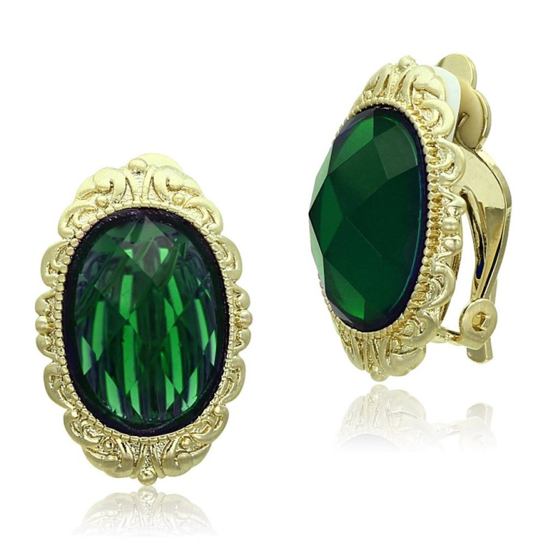 Gold & Brush Brass Earrings With Synthetic Synthetic Stone In Emerald