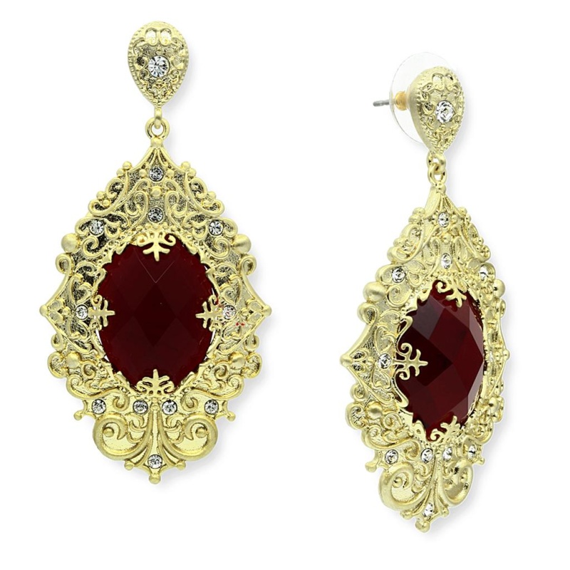 Gold & Brush Brass Earrings With Synthetic Synthetic Glass In Siam