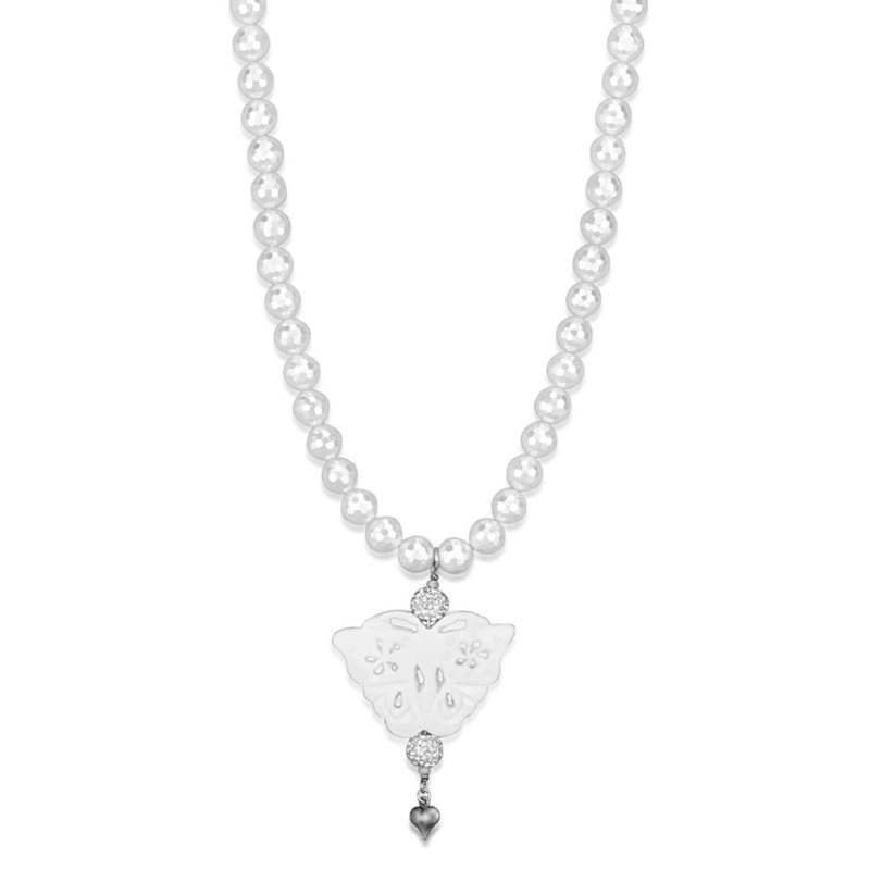 Lo3821 - Antique Silver White Metal Necklace With Synthetic Glass Bead In White - 36"