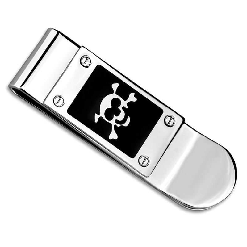 Rhodium Brass Money Clip With Epoxy In Jet