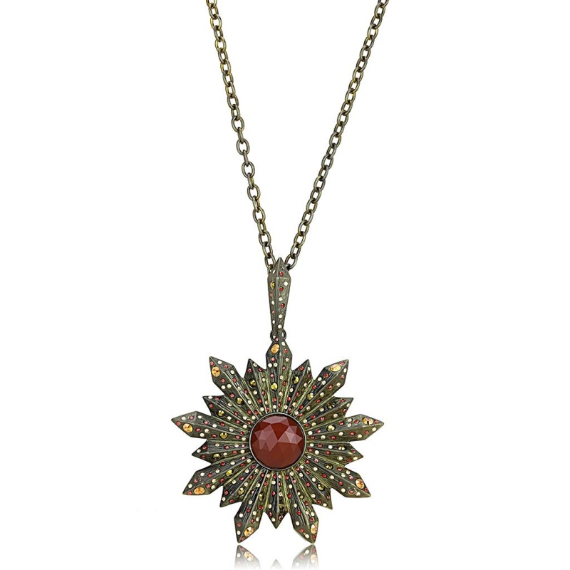 Lo4219 - Antique Copper Brass Necklace With Synthetic Onyx In Red Series - 32"