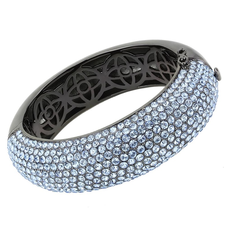 Lo4307 - Tin Cobalt Black Brass Bangle With Top Grade Crystal In Aquamarine - 6.75"