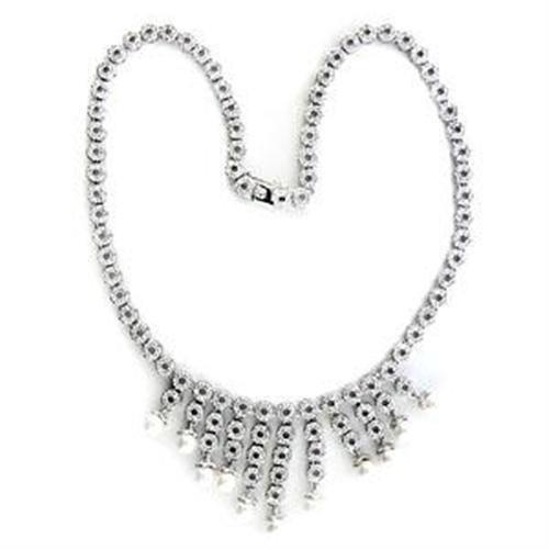 Loa559 - Rhodium 925 Sterling Silver Necklace With Synthetic Pearl In White - 18"