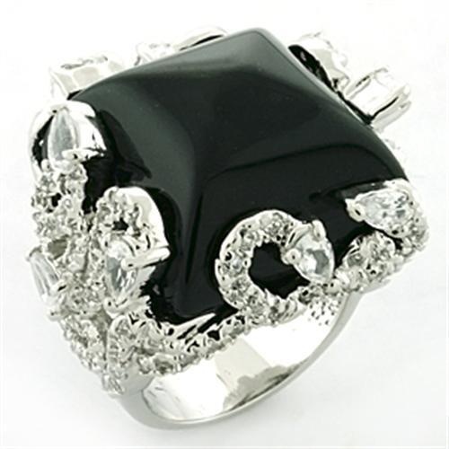Loa684 - Rhodium Brass Ring With Synthetic Onyx In Jet
