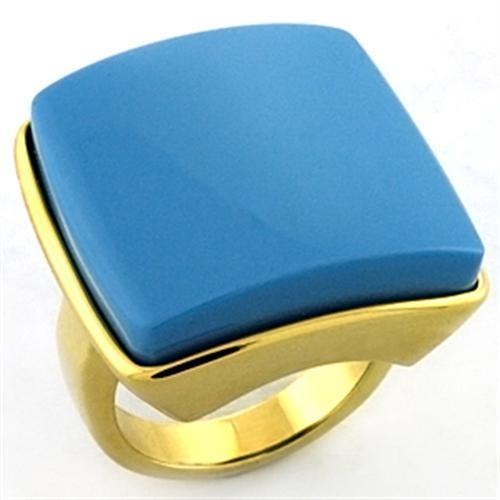 Loa704 - Gold Brass Ring With Synthetic Acrylic In Sea Blue - 5