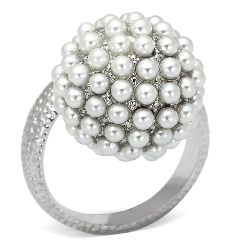 Loa831 - Rhodium Brass Ring With Synthetic Pearl In White