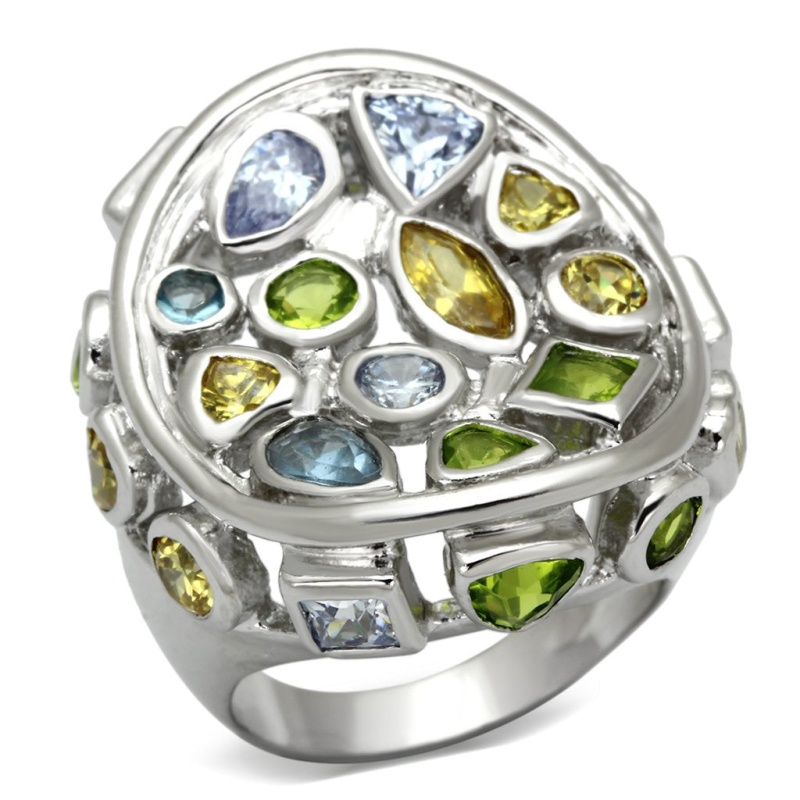 Loa840 - Rhodium Brass Ring With Assorted In Multi Color - 5