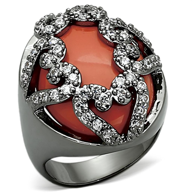 Loa886 - Ruthenium Brass Ring With Synthetic Cat Eye In Orange