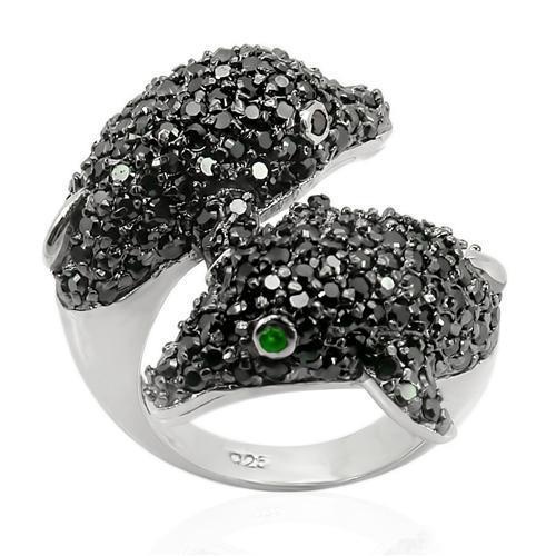 Los195 - Rhodium + Ruthenium 925 Sterling Silver Ring With Synthetic Synthetic Glass In Emerald
