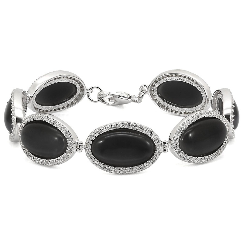Los330 - Rhodium 925 Sterling Silver Bracelet With Synthetic Cat Eye In Jet - 8"