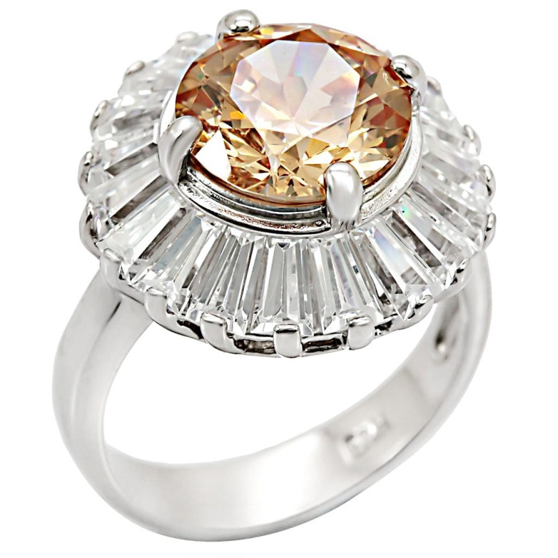 Los412 - Rhodium 925 Sterling Silver Ring With Aaa Grade Cz In Champagne